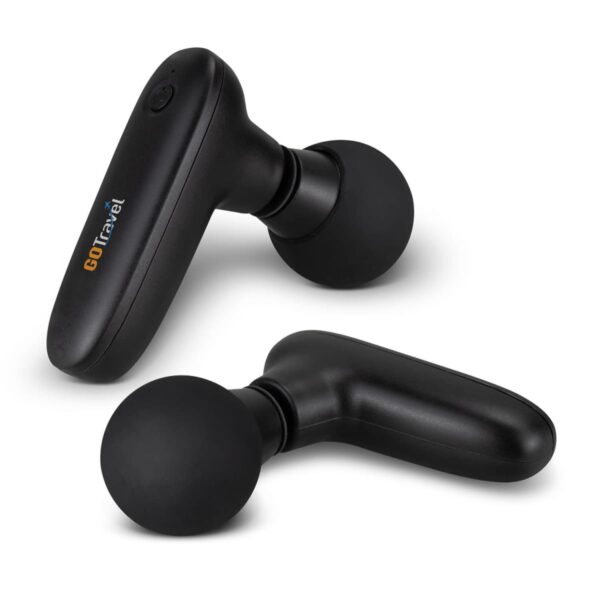 Two black, wireless earbuds with sleek, ergonomic design displayed against a white background. The left earbud features a small button and GO Travel text in white and orange. The earbuds have matte finishes and round ear tips.