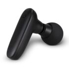 Close-up of a single black wireless earbud featuring a smooth, rectangular outer body and a rounded ear tip designed for in-ear comfort.