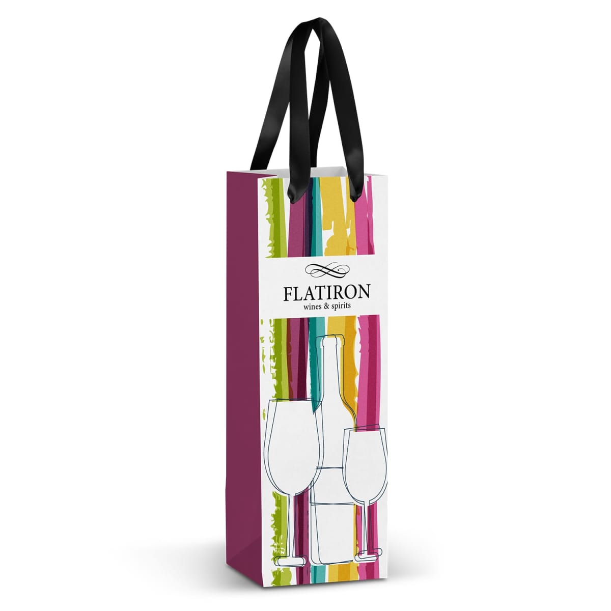 A colorful wine gift bag featuring abstract vertical stripes in green, pink, yellow, and purple. The front displays outlines of wine glasses and the label FLATIRON wines & spirits with black ribbon handles.