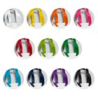 A collection of twelve circular white badges, each featuring different colored ribbons: white, yellow, orange, pink, red, green, light blue, navy blue, purple, teal, and black, arranged in four rows of three.