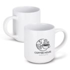 Two white coffee mugs featuring a Coffee House logo with a graphic of a steaming cup and pastries. Both mugs are displayed with one facing forward and the other slightly turned to the side, showcasing the handle.