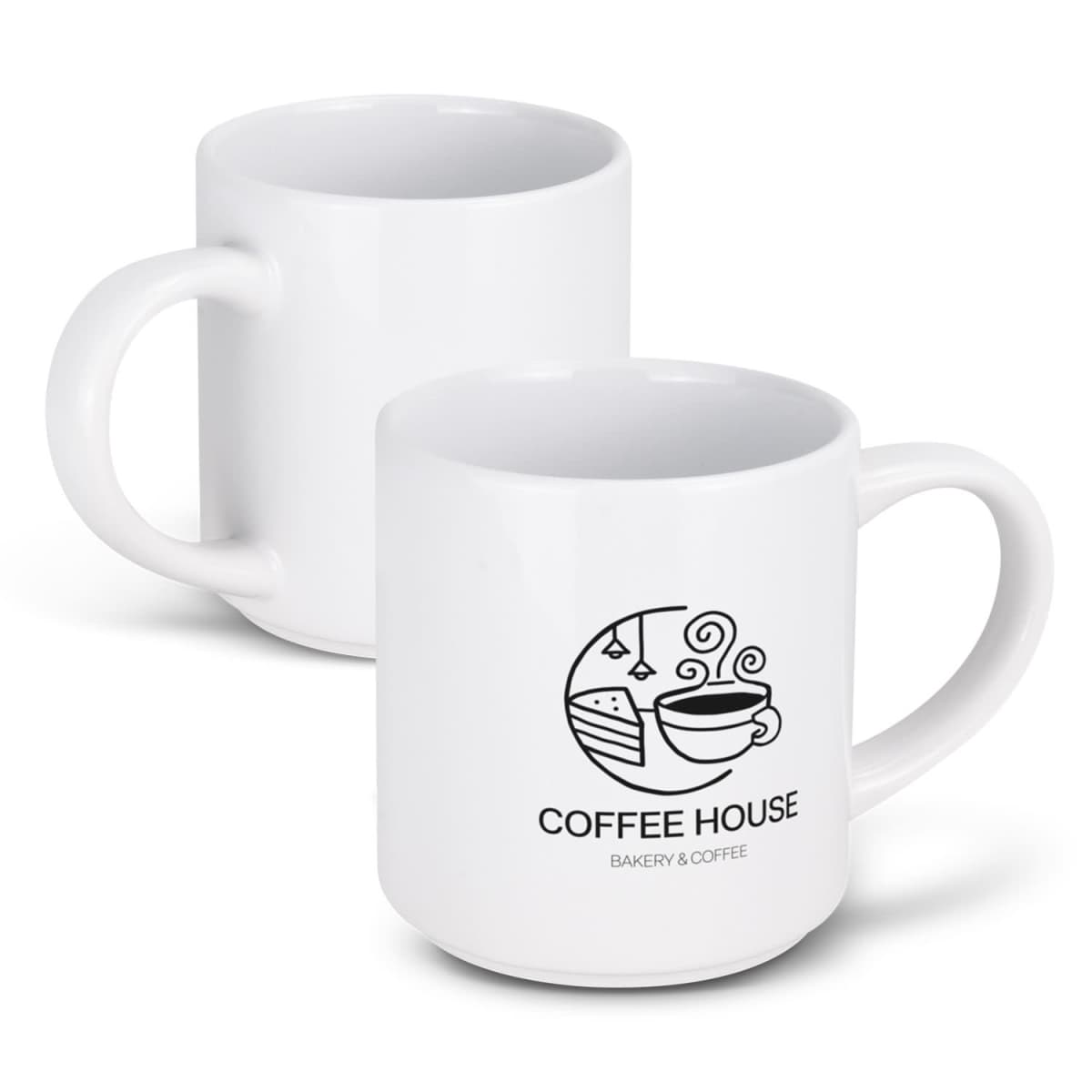Two white coffee mugs featuring a Coffee House logo with a graphic of a steaming cup and pastries. Both mugs are displayed with one facing forward and the other slightly turned to the side, showcasing the handle.