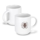 Two white ceramic coffee mugs with a design featuring a coffee cup and the text Coffee House Premium Arabica on the side. The mugs are positioned at different angles to show the handle and design.
