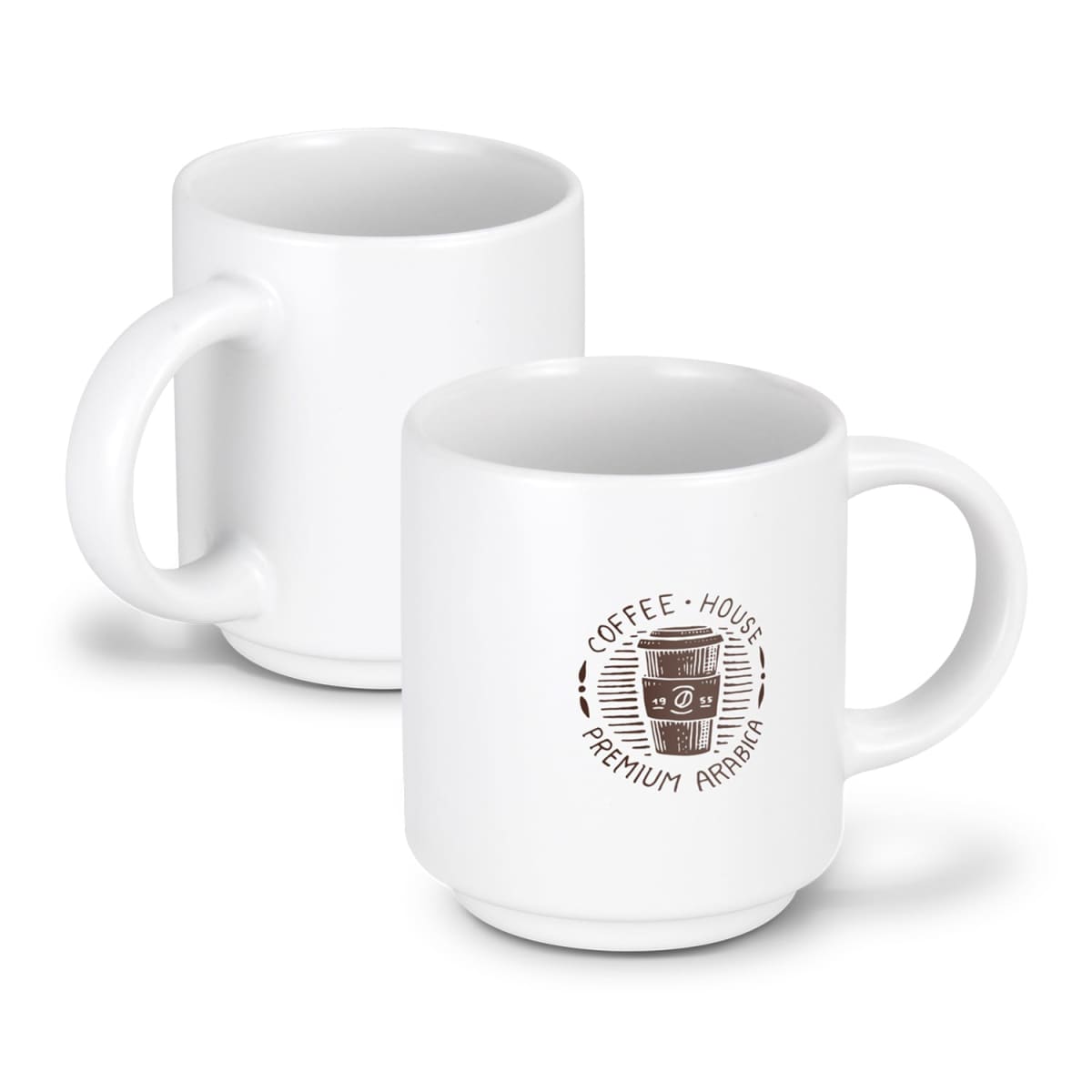 Two white ceramic coffee mugs with a design featuring a coffee cup and the text Coffee House Premium Arabica on the side. The mugs are positioned at different angles to show the handle and design.