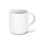 A plain white ceramic mug with a handle, placed on a white background.