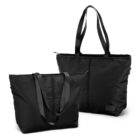 Two black tote bags with long handles are displayed. One bag is upright, while the other is angled. Both have a zippered top and a sleek design.
