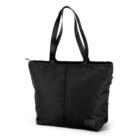 A black tote bag with dual handles and a top zipper. The bag has a sleek design with a small logo patch near the bottom corner.