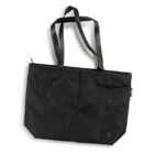A black tote bag with double handles and a top zip closure. The material appears to be a durable fabric. The design is simple and minimalistic.