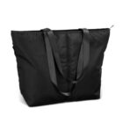 A black tote bag with a sleek design, featuring two long handles and a zippered top, is displayed against a plain white background.