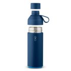 A blue insulated water bottle with a detachable lid and a carrying loop is shown in front of a white background. The lid is separated from the bottle and is hovering above it, revealing the metal interior.