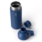 A dark blue reusable water bottle with a screw-off lid is shown. The bottle is standing upright, while the lid is placed next to it. The bottle has a white logo on it, and the lid has text embossed on its surface.