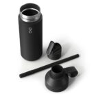 A black, reusable water bottle with a lid and straw detached and laid beside it. The bottle features a small logo on its side. The components are displayed on a white background.
