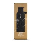 Cardboard packaging featuring an illustration of a black water bottle with a white ocean wave design. Text reads Ocean Bottle, Obsidian Black, 500ml. The box is standing upright with minimalistic design elements.