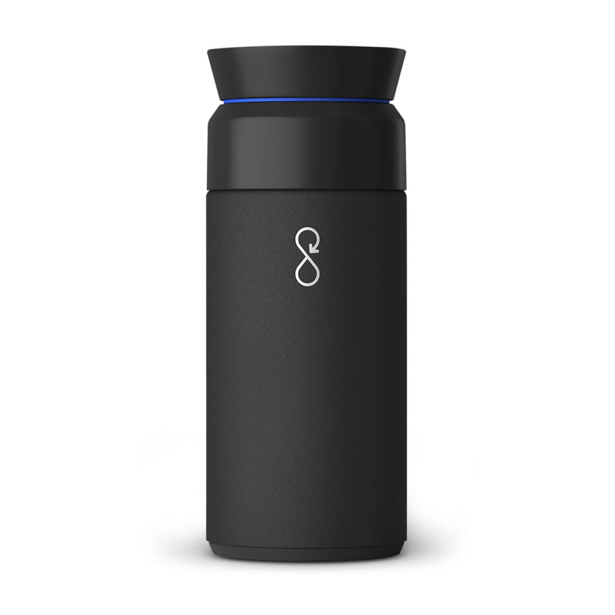 A sleek, black insulated travel mug with a twist-on lid and a subtle blue ring near the top. A minimalist logo resembling an infinity symbol is printed on the front. The mug stands against a white background.
