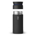 A black insulated bottle with a removable lid floating above it. The bottle features a minimalistic design with a subtle logo in the center. The lid has a black exterior with a blue accent.