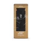 A cardboard box featuring an illustration of a black reusable bottle with stylized ocean waves. The packaging reads BREW and ocean bottle OBSIDIAN BLACK 500ml, emphasizing its design for hot drinks.