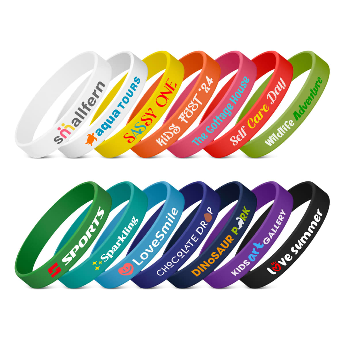A collection of colorful wristbands with various inscriptions, such as Aqua Tours, Kids Fest 24, Self Care Day, and Love Summer. Each band has a unique color and text style, arranged in two rows.