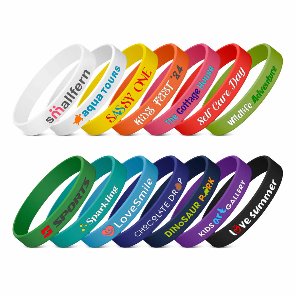 A collection of colorful silicone wristbands with various texts, including smallfern, KIDS GALLERY, Self Care Day, and LoveSummer, arranged in two rows on a white background.