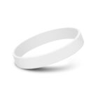 A plain white silicone wristband is displayed against a white background. The wristband is slightly tilted, casting a subtle shadow beneath it.