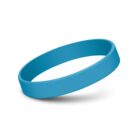 A blue silicone wristband on a white background, shown in a standing position with a shadow underneath.