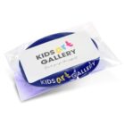 A blue wristband inscribed with KIDS art GALLERY is packaged in a clear bag. A white card with the same text and Thank you for your support is placed on top.