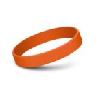 An orange silicone wristband hovering on a white background.