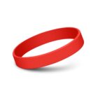 A plain red silicone wristband is shown against a white background. The band is circular and appears to be hovering slightly above the surface.