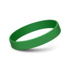 A green silicone wristband with a simple, smooth design, floating against a white background.