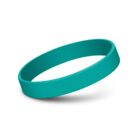 A teal rubber bracelet is shown against a white background, casting a soft shadow beneath it.