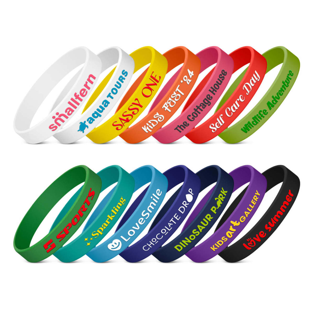 A collection of colorful silicone wristbands, each with different text. The bands range in color: white, red, yellow, green, blue, purple, and black, featuring various fonts and logos for events and activities.