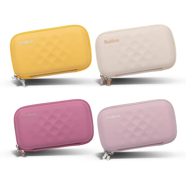 Four rectangular pouches in yellow, cream, pink, and lavender, each with a zippered closure and the brand name Rollink on the top corner. The pouches have a quilted geometric pattern.