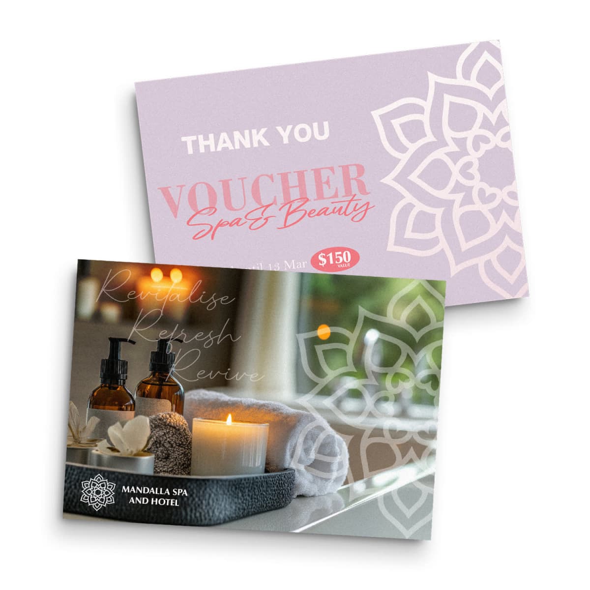 Two overlapping spa voucher cards. The top card is lavender with floral designs, thanking the recipient and showing a $150 value. The bottom card features a spa scene with candles, towels, and bottles, and promotes Revitalize, Refresh, Revive.