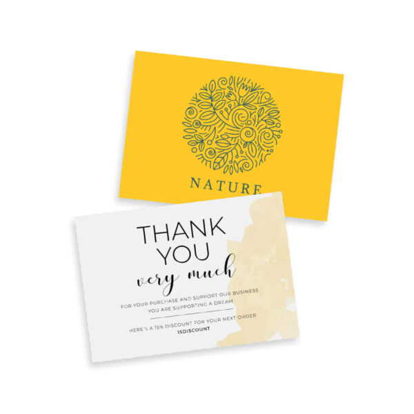 A yellow card with a green nature-themed design featuring leaves and birds. Below, a white card with the text Thank You Very Much, offering a 15% discount on the next order.