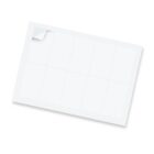 A sheet of blank, white rectangular labels with rounded edges, featuring nine labels in total. One label in the top left corner is partially peeled, revealing a slightly sticky surface beneath. The sheet is positioned at a slight angle.
