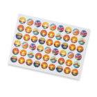 A sheet of colorful round stickers, each depicting various scenes of sunsets and sunrises with different sky colors and landscapes, arranged in rows.