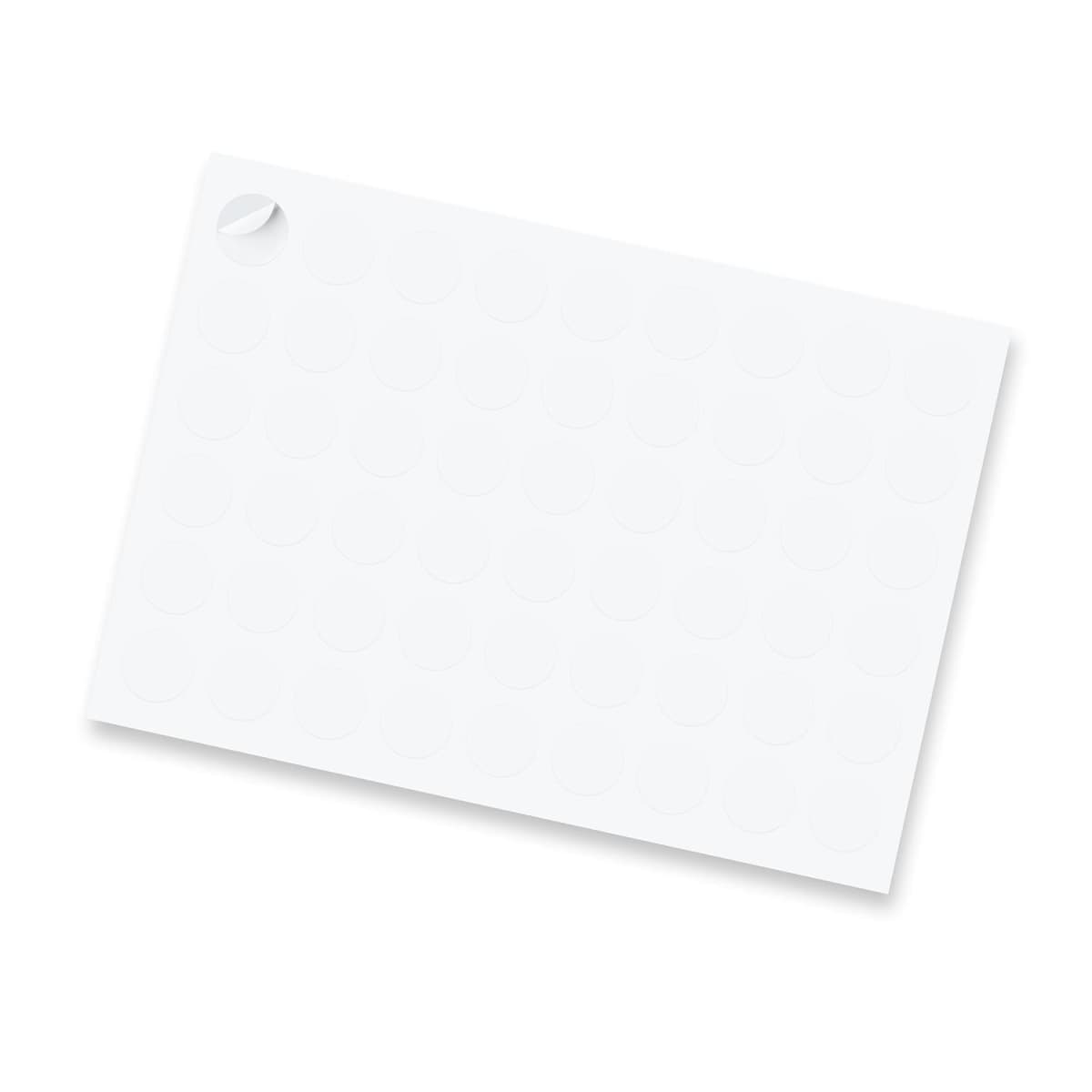 A rectangular sheet of small, circular, white adhesive labels with one label partially peeled off in the top left corner. The sheet is set against a plain white background.