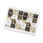 Stickers on a white sheet featuring various bakery-themed designs, including images of bread, pastries, and pretzels. The stickers have black, white, and gold backgrounds with Bakery Shop text.