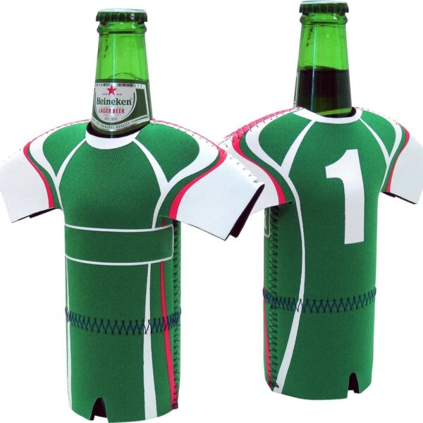 Two green beer bottle coolers shaped like sports jerseys, each with white, red, and pink accents. One jersey displays the number 1 on the back. A Heineken bottle is inside each cooler.