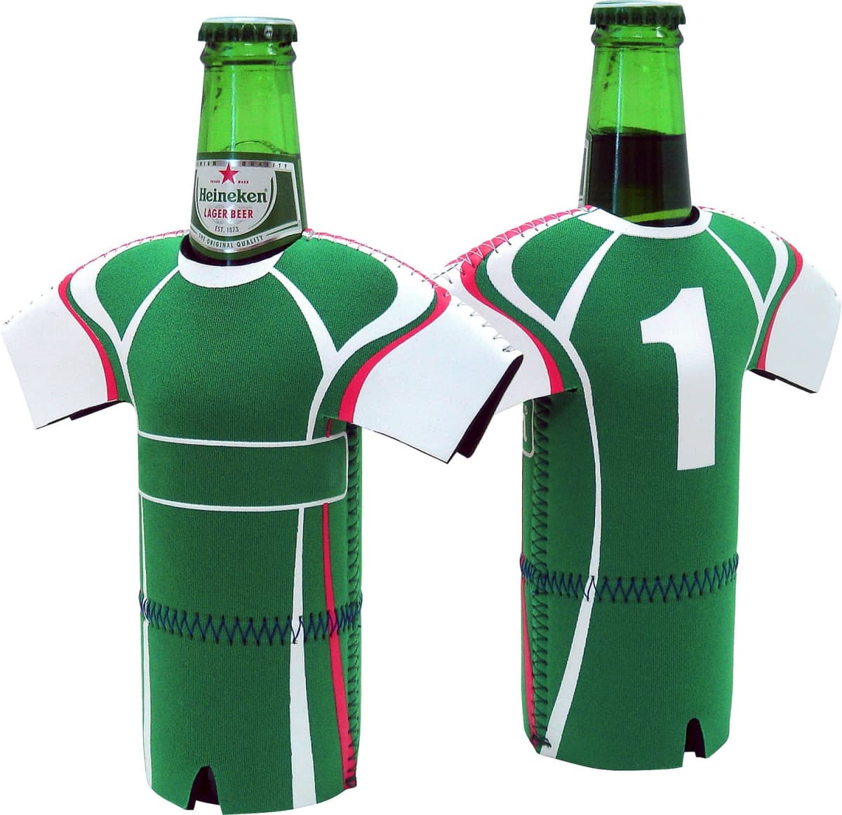 Two green beer bottle coolers shaped like sports jerseys, each with white, red, and pink accents. One jersey displays the number 1 on the back. A Heineken bottle is inside each cooler.