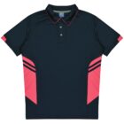 A dark green or black polo shirt with short sleeves, featuring pink accents on the sides and sleeve edges, and thin stripes on the middle sides. It has a collar and buttons at the neckline.