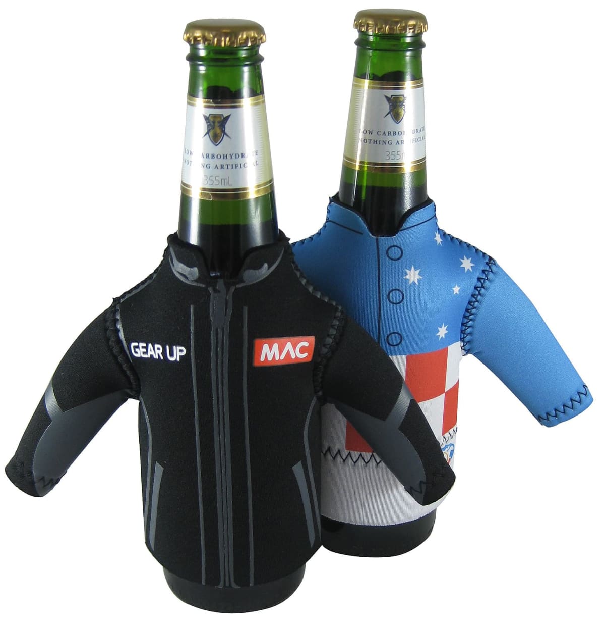 Two green beer bottles wearing small jackets as covers. The left jacket is black with GEAR UP and MAC labels. The right jacket is blue with decorative patterns. Both jackets have long sleeves extending outward.