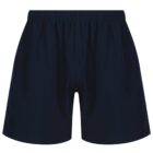 Blue athletic shorts with an elastic waistband, displayed against a white background.