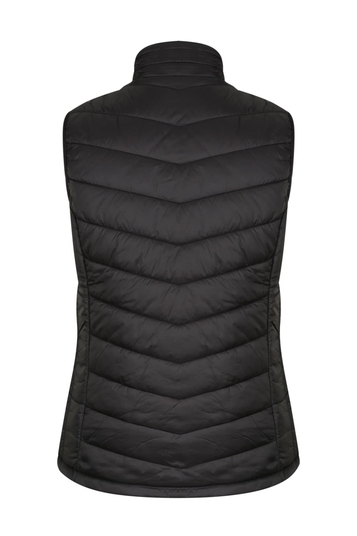 Black quilted puffer vest shown from the back. The vest has a high collar and a chevron pattern of horizontal stitching.