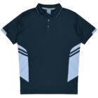 A dark blue polo shirt with light blue accents and stripes on the sides and sleeves. It features a classic collar and three buttons on the front.