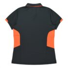 A short-sleeve polo shirt with a dark green back, featuring orange accents on the sides and sleeves. The shirt has a classic collar and a modern, sporty design.