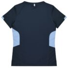 A dark blue T-shirt with light blue side panels. The shirt is laid flat, showing the back. The fabric appears smooth and lightweight, suitable for casual or athletic wear.
