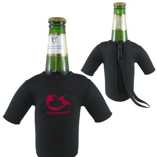 Two beer bottles wearing black neoprene bottle coolers shaped like T-shirts, with a red logo featuring a wave and the text WAVEHOG. One cooler has a zippered back and a wrist strap.