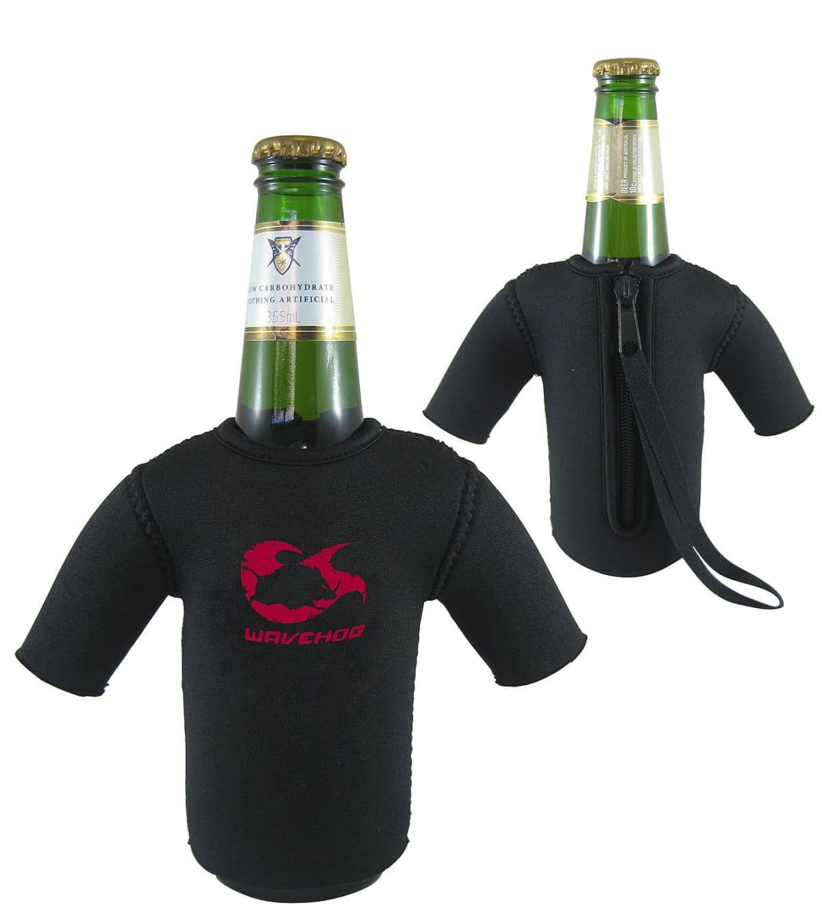 Two beer bottles wearing black neoprene bottle coolers shaped like T-shirts, with a red logo featuring a wave and the text WAVEHOG. One cooler has a zippered back and a wrist strap.