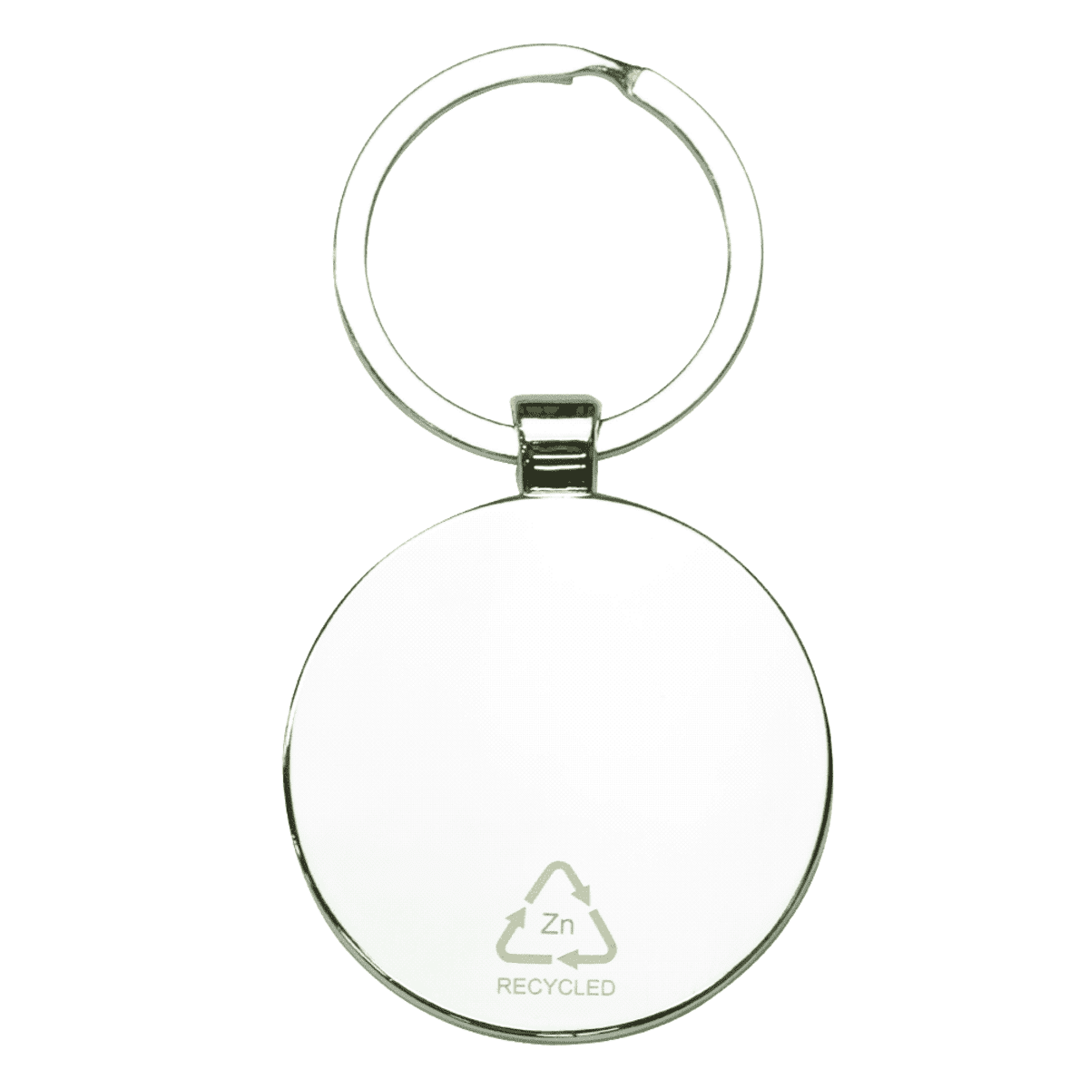 A round, silver keychain with the recycling symbol and Zn RECYCLED inscribed on its surface. The keychain has a metal ring for attaching to keys.