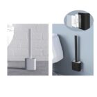 A split image showing two toilet brushes: the left is white and freestanding, placed next to a toilet; the right is black, mounted on a wall with a close-up inset of the mounting bracket. Both brushes have sleek, modern designs.